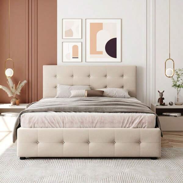 Upholstered Double Bed 140 X 200 Cm, With Drawers, Slatted Base And Headboard, In Soft Skin-Friendly Velvet, Beige (Mattress Not Included), For Adults And Teenagers.