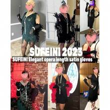 SUFEINI Women Long Satin Gloves Stretchy Elbow Length 21'' Opera Party Gloves 1920 S Womens Flapper Gloves,Large,Black-Cotton - 黑棉 - 查看 6