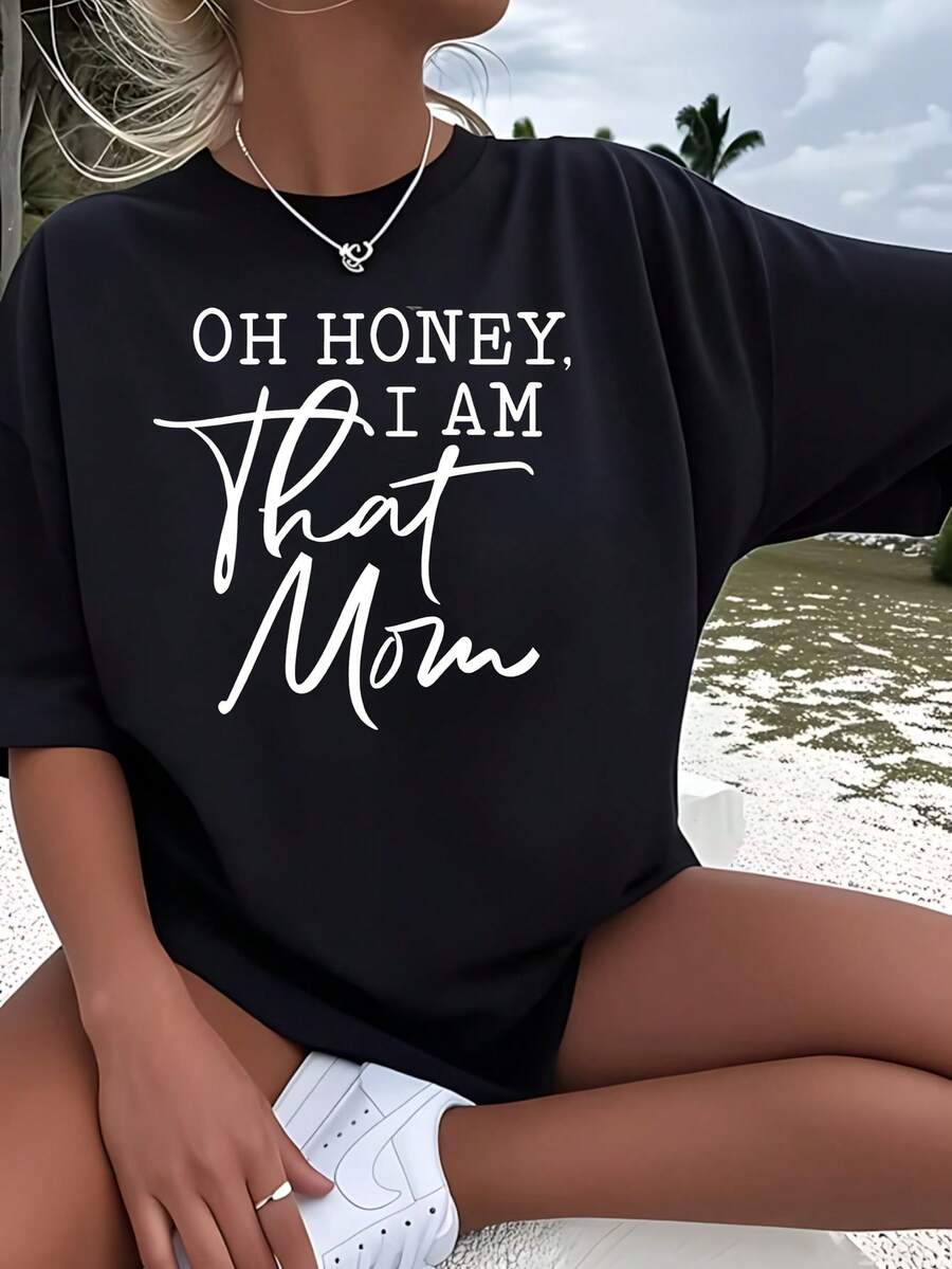 Oh Honey I Am That Mom Women's Plus Size T-Shirt 1 Pcs Funny Oversized Graphic Short Sleeve Tee Novelty 220g 100% Polyester Shirt Casual Crew Neck Top Versatile - màu đen - Xem 1
