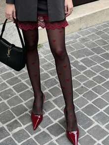 1 Pair Women's Ultra-Thin Black Pantyhose - Heart Pattern, Elastic Smooth Texture Sexy Stockings, Suitable For Daily, Formal Occasions And Romantic Valentine's Day - Multicolor - View 3