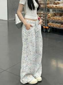 Women's Loose High Waist Casual Graffiti Cartoon Print Dragging Jeans - White - View 8