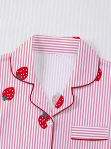 Bộ đồ ngủ nữ 2 món, họa tiết sọc dâu tây, món quà lãng mạn cho ngày Valentine, áo tay ngắn cổ bẻ thoải mái và quần short rộng rãi co giãn, phù hợp cho các bữa tiệc ngày lễ, hoạt động ngoài trời thường ngày và sinh hoạt tại nhà. - Hồng - Xem 4