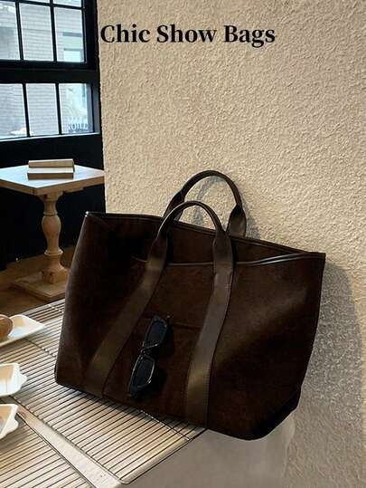 女士复古麂皮大容量托特包，简约设计，秋冬款