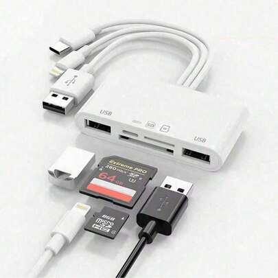 1pc 5-In-1 Multi-Function Card Reader, Plug And Play Compatible With Iphone/IPad, With USB A And Charging Port, Compatible With IPhone/IPad/Android//PC/Tablet/Camera/Hard Drive/Flash Drive