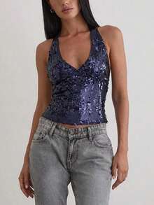 Women Sequin Halter Tank Top Y2K Sparkly Sleeveless Deep V Neck Crop Slim Fit Vest Crop Tops Summer Backless Bling Glitter Low Cut Shirts Going Out Tops Party Clubwear - 藏蓝色 - 查看 4