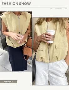 Women's Oversized Zip Up Cargo Vest Casual Ruched Hem Sleeveless Jackets Vest Top With Pockets - 淺黃色 - 查看 5