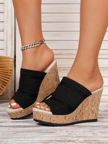 新款厚底坡跟女凉鞋拖鞋户外凉拖 - 黑色 - 查看 4