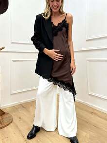 Conjunto de Vestido de Tirantes y Abrigo de Seda Marrón con Encaje Negro - Estilo Elegante para el Hogar - Marrón - Ver 2