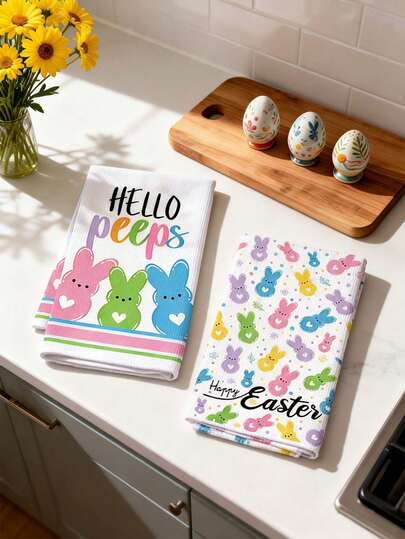 2pcs Easter Hand Towels, Colorful Rabbit Print, Kitchen Holiday Decor Dish Towels, Spring Decorative Fabric