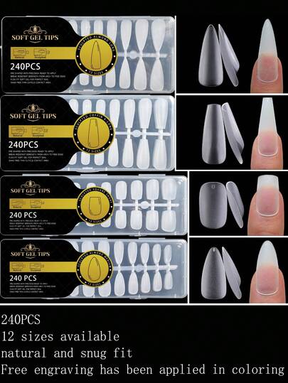 一盒240片哑光全覆盖美甲贴纸，无缝材质，尖头、棺材、杏仁、方形等多种甲型可选，可重复使用凝胶延长甲片，美甲配件，适合女孩、女士，DIY美甲，美甲沙龙适用