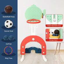 Tobogán y columpio de 18 cm para niños pequeños, tobogán de 193 cm de largo para niños de 1 a 3 años, juego para interior y exterior con columpio ajustable, aro de baloncesto, fútbol, golf y lanzamiento de aros. - Verde - Ver 5