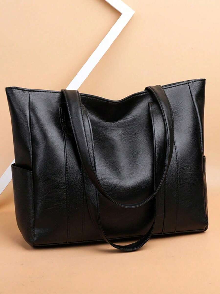 Trending Cross-Border Handbag, Unisex, Fashion, PU Material, Solid Color, Minimalist, Multifunctional Shoulder/Underarm/Top Handle Bag, Suitable For Daily Casual, Commuting, Shopping, Travel And Various Occasions - Black - View 1