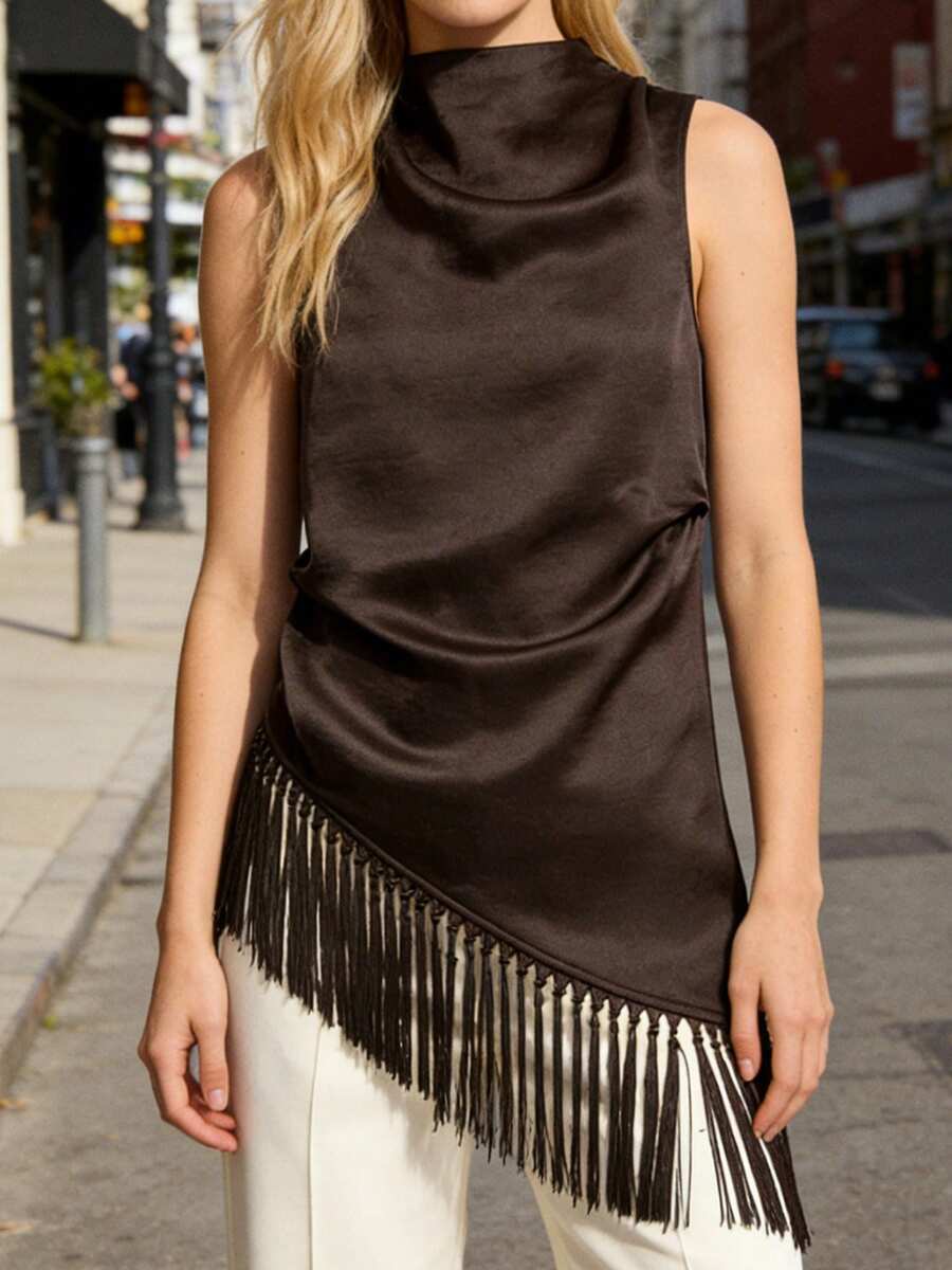 Women's Summer Tassel Hem Vest Brown Sleeveless Solid Color High Neck Long Tank Tops - nâu sẫm - Xem 1