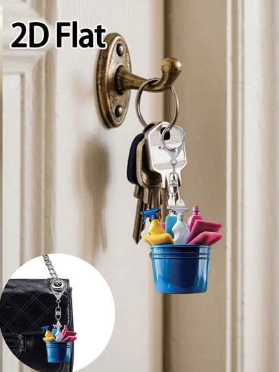 2D扁平清洁用品主题钥匙扣 - 运动风2D扁平设计，包含彩色瓶子和刷子、杯子吊坠、手机链配件，采用耐用亚克力材质，多功能，可用于包包、汽车、手机钥匙等 - 钥匙收纳器，趣味设计，做工精致，派对礼物，趣味配件，坚固耐用，装饰钥匙扣，节日购物，情人节，婚礼季，伴娘礼物，纪念品，斋月礼物