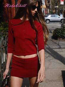 HoloChill 女士休闲纯色优雅两件套：圆领七分袖开衫上衣和蝴蝶结装饰短裙，新品上市 - 紅色 - 查看 2