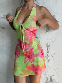 Sexy Backless Printed Vacation Dress, Mesh Sheer Deep V Spaghetti Strap Beach Mini Dress, Party Dress, Cocktail Gown Wedding - Green - View 5