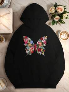1pc Women-S Plus Size Casual Polyester Hoodie With Floral Butterfly Print, Longeeve, Regular Length, Non-Stretch Knit Fabric, Hooded Pullover With Pockets For AutumnWinter - 黑色20 - 查看 1