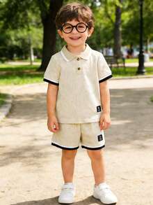 2件套幼儿男童可爱休闲户外礼物时尚简约舒适杏色拼接罗纹黑色英文字母Polo领短袖上衣和短裤套装，适合夏季 - 杏色 - 查看 4