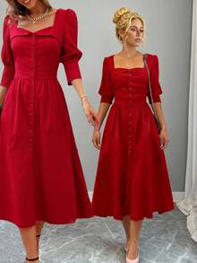 فستان أحمر للنساء، فستان أنيق فرنسي رومانسي مع عقدة على الخصر، مناسب للارتداء اليومي، المواعيد، المناسبات، العشاء الرسمي، رأس السنة، موسم الخريف/الشتاء