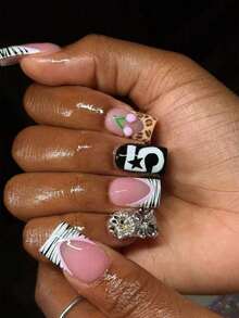 24pcs Short Square Leopard Print Pink & White French Embossed Nail Stickers, Decorated With Heart, Star And Friday Patterns, Cute Girl Style, Perfect Fit For Nails, Set Includes 1pc Jelly Gel And 1pc Nail File, Suitable For Women And Girls For Daily Wear And Various Party Occasions - Nhiều màu 7 - Xem 13