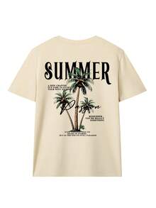 新款夏季女式简约海洋沙滩字母“SUMMER”棕榈树印花圆领驼色短袖T恤，时尚百搭，适合日常休闲和春季度假穿着。 - 杏色 - 查看 2