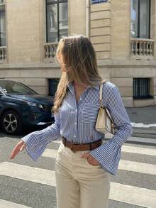Women's Elegant Spring/Summer New Striped Shirt, Flared Sleeves, Chest Pocket, Contrast Color Striped Long Sleeve Shirt, Business Meeting, Casual Gathering, Fashion Striped Contrast Color Pocket Front Button Striped Flared Sleeve Shirt Single Item, Office Daily, Airport, Dating, Back To School, Party, Spring/Summer - Blue - View 1