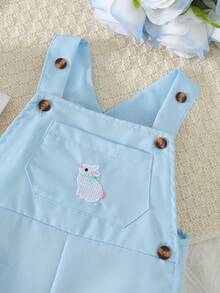 3pcs/Set Baby Girls' Casual Daily Cute White Knitted Vertical Striped Romper, Blue Woven Pocket Rabbit Embroidery Bib Pants And Blue Bow Headband Set, Summer - Baby Blue - View 6