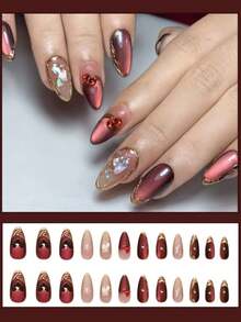 Almond-Shaped Nails, Perfect For Valentine's Day, Adorned With 3D Crystal Hearts And Cat-Eye Gold Lines, Exuding Elegance. Suitable For Parties, Dates, Valentine's Day, Or Other Holiday Occasions, These Nails Will Sparkle And Elevate Your Overall Style. Almond-Shaped Nail Stickers, Nail Art, Nail Decorations, Medium-Length Nails, Medium-Length Nail Stickers, Nail Supplies. - Multicolor - View 2