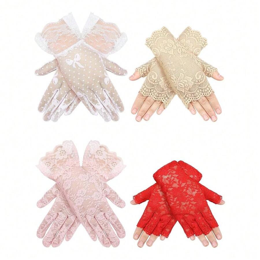 Geyoga 4 Pairs Lace Gloves Women Fingerless Tea Party Elegant Short Lace Gloves For Wedding Bridal Halloween,Adults,Colored - 有色 - 查看 1