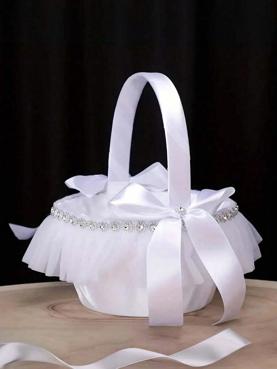 婚礼花篮，手提花篮，带花环蕾丝，带提手，适用于婚礼装饰和婚礼仪式用品 - 白色 - 查看 1