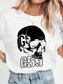 Women's T-Shirts Skull With Goggles And G59 Text 100%, Breathable-3 - 白色4 - 查看 2