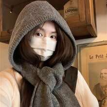 女士羊毛冬季连帽围巾套装，针织帽围巾套装，拉法帽，适合户外滑雪，保暖针织围脖连帽衫，适合冬季防寒