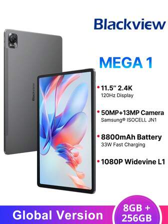  BLACKVIEW Tablet Mega 1 全球版 8GB+256GB，赠送手写笔，11.5 英寸平板电脑，2.4K FHD+ IPS 显示屏，5000 万像素后置摄像头，联发科 G99 八核处理器，支持最高 1TB TF 卡扩展，基于 Android 的 Doke OS_P 4.0 系统，8800mAh 电池，支持 33W 快充，支持 SIM 卡