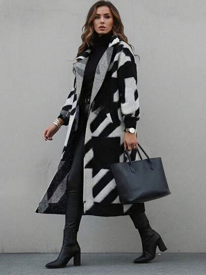 Cardigan tricoté à manches longues avec blocs de couleurs stylé pour femmes, imprimé et polyvalent, noir décontracté pour l'automne/l'hiver