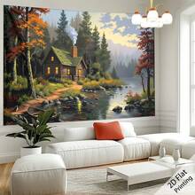 1pc Countryside Cottage Forest Landscape Wall Hanging Tapestry - Peaceful Lake View Modern Fabric Poster, Frameless Art Print, Suitable For Home And Office Decor - Multicolor - View 3