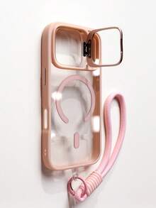 1 pieza Funda de teléfono magnética de lujo con marco de lente + cordón corto, compatible con iPhone 17 Pro Max 16 15 14 13 12 Pro Max Plus, admite carga inalámbrica, funda protectora transparente a prueba de golpes con vidrio de lente - Rosa - Ver 1