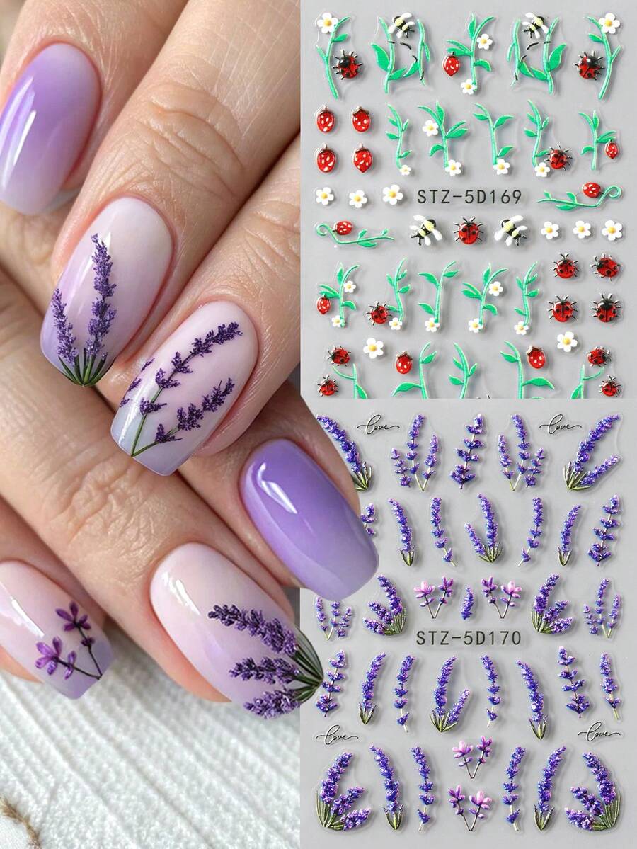 2pcs Purple Lavender Flower Nail Art Stickers, 5D Stereoscopic Blooming Flower, Ladybug & Bee Nail Decals, Spring/Summer Design, Adhesive Nail Stickers, Nail Art Accessories - Multicolor - View 1