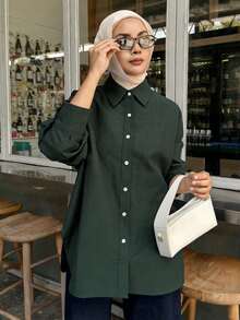 DAZY Solid Drop Shoulder Button Front Shirt,Long Sleeve Tops Linen Fall - Dark Green - View 3