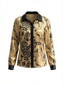 1 pieza Camisa de manga larga con botones y estampado de leopardo en todo el Body de satén para mujer, elegante y de moda para vacaciones, oficina, hogar, uso diario, festivales, todas las estaciones