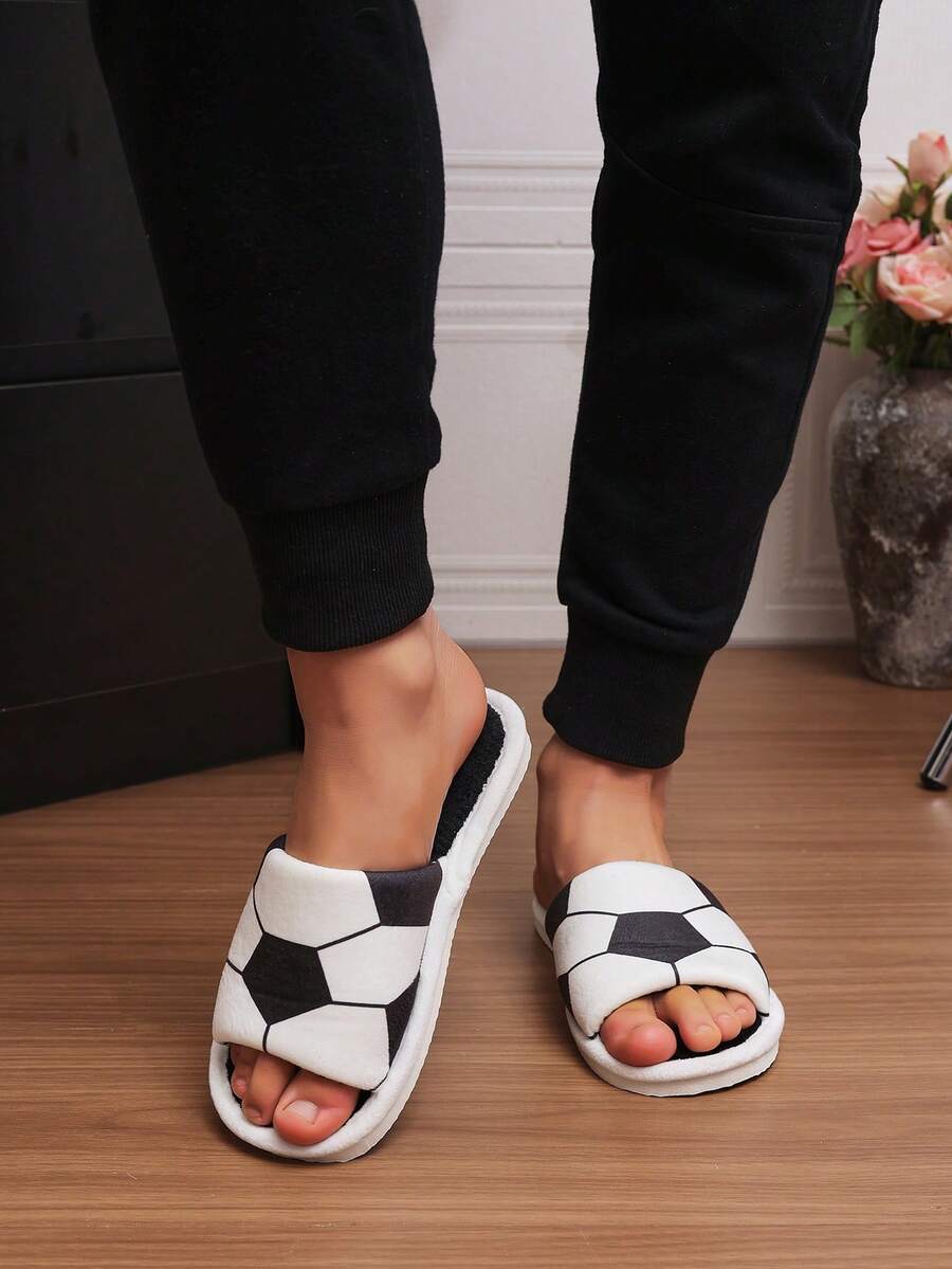 Nuevas sandalias planas de moda con diseño geométrico y elemento de fútbol, de punta abierta, tipo slip-on, adecuadas para todas las estaciones - Blanco y Negro - Ver 1