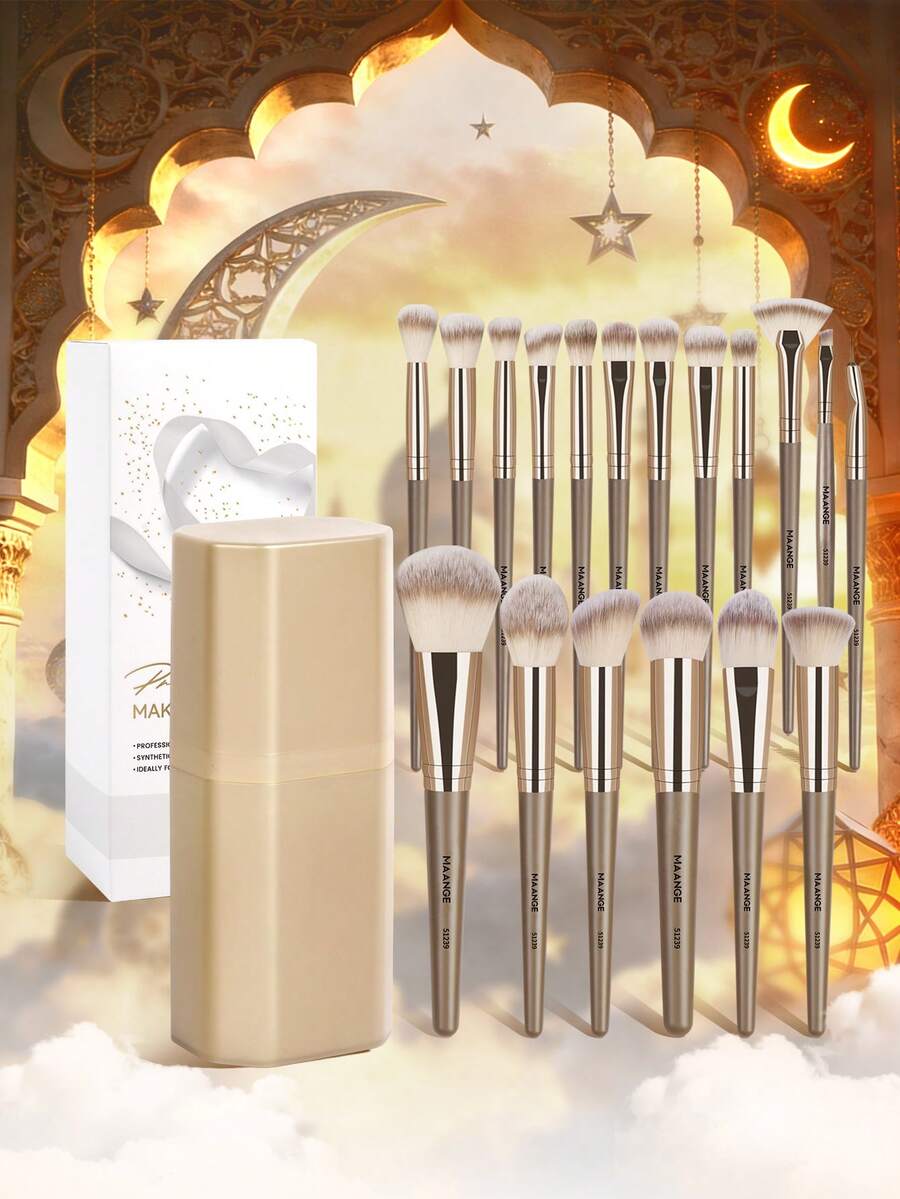 MAANGE 18pcs Professional Makeup Brush Set, Soft Fiber Material, Portable, Including Foundation Brush, Eyeshadow Brush, Blending Brush, Eyebrow Brush, Travel Makeup Brush Kit