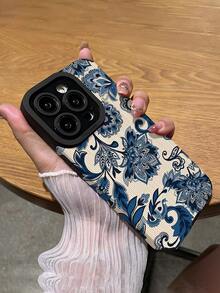 1个陶瓷蓝色花卉图案竖款仿皮纹理柔软保护手机壳，兼容苹果 17/17AIR/17PRO/17PROMAX - 彩色 - 查看 5