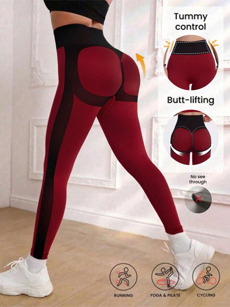 Red & Black Patchwork High Waist Shaping Leggings - High Elasticity Tummy Control Yoga Pants - Burgundy - View 1