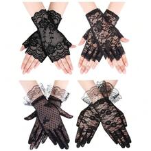 Geyoga 4 Pairs Lace Gloves Women Fingerless Tea Party Elegant Short Lace Gloves For Wedding Bridal Halloween,Adults,Black - Black - 查看 1