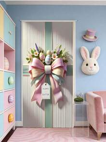 2D 复活节门环装饰挂饰（1 件装） - 涤纶材质，饰有复活节彩蛋和花卉图案，多用途季节性悬挂挂饰，适用于前门、门廊、房间装饰，无需用电，尺寸：35x72 英寸