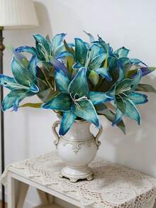 1 pieza Flor artificial de lirio azul de doble cabeza vintage - Decoración del hogar de primavera, adecuada para la mesa de la sala de estar, adornos de boda, flores artificiales, decoración del hogar - Multicolor - Ver 9