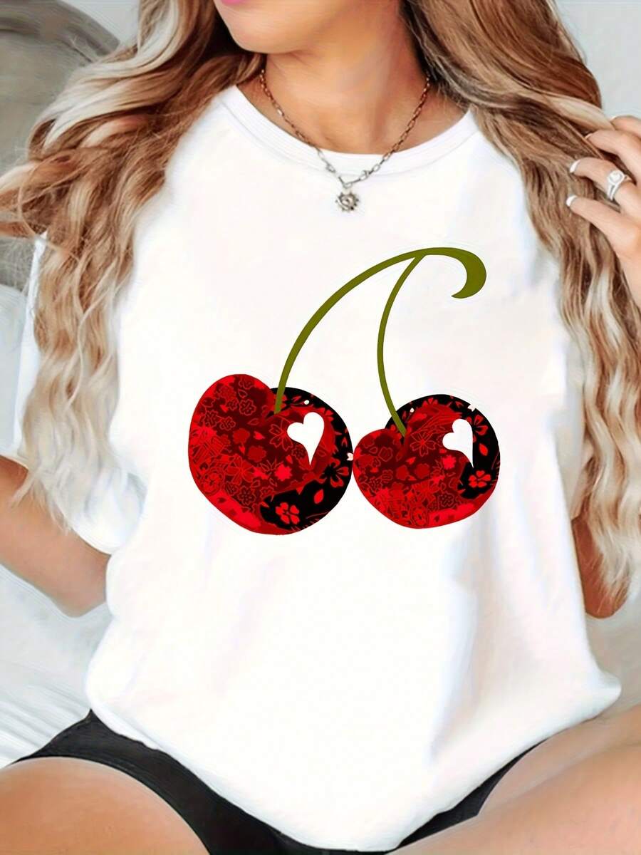Women White Cherry Print T-Shirt With Red Black Fruit Cutouts Short Sleeve Crew Neck Casual Blouse Medium-Stretch Fabric For All-Season Wear Machine Washable Top For Everyday Outfits Layering Pieces - trắng - Xem 1