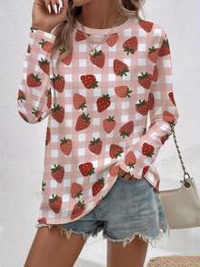 Women's Strawberry Print All-Over Checkered Tunic Top - Long Sleeve Round Neck Casual Blouse With Strawberry & Gingham Pattern, Spring/Fall Layering Essential, Machine Washable Pink & Red Fruit Design, Relaxed Fit For Casual Attire, Vibrant Strawberry Print With Checkered Background, Soft And Comfortable Fabric, Chic And Playful Style For Women - Mixed Color - 查看 8