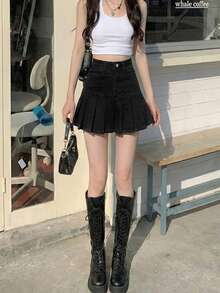 YEAE | 休闲女士梭织面料 A 字裙，拉链细节褶皱短款，高弹力面料 - 黑色 - 查看 4