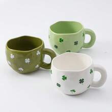 1 pieza Taza de café de cerámica de 285ml/9.5oz con diseño de patrón asimétrico pellizcado en blanco, turquesa y verde. Apta para café, leche, jugo y otras bebidas, regalo perfecto para , San Patricio o cumpleaños - Multicolor - Ver 10